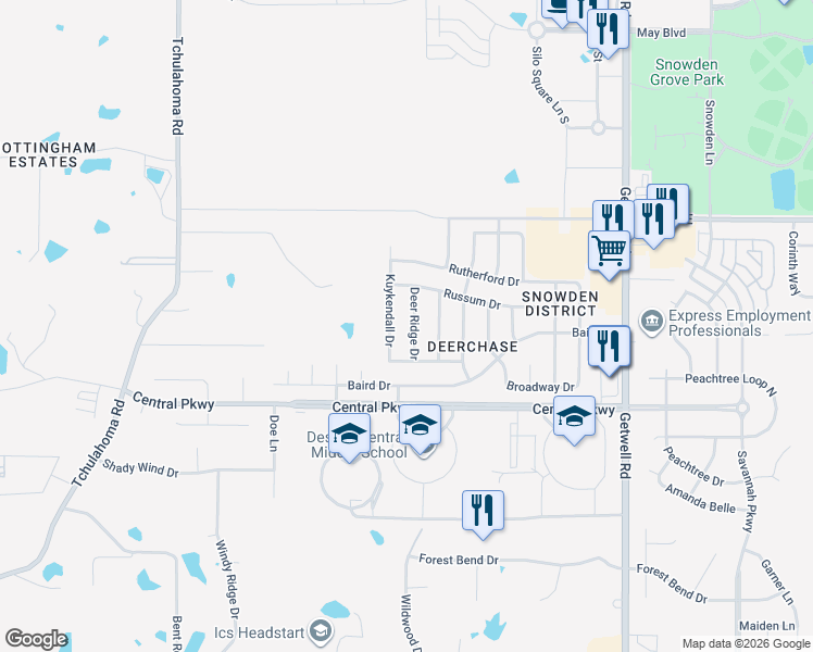 map of restaurants, bars, coffee shops, grocery stores, and more near 5729 Deer Ridge Drive in Southaven