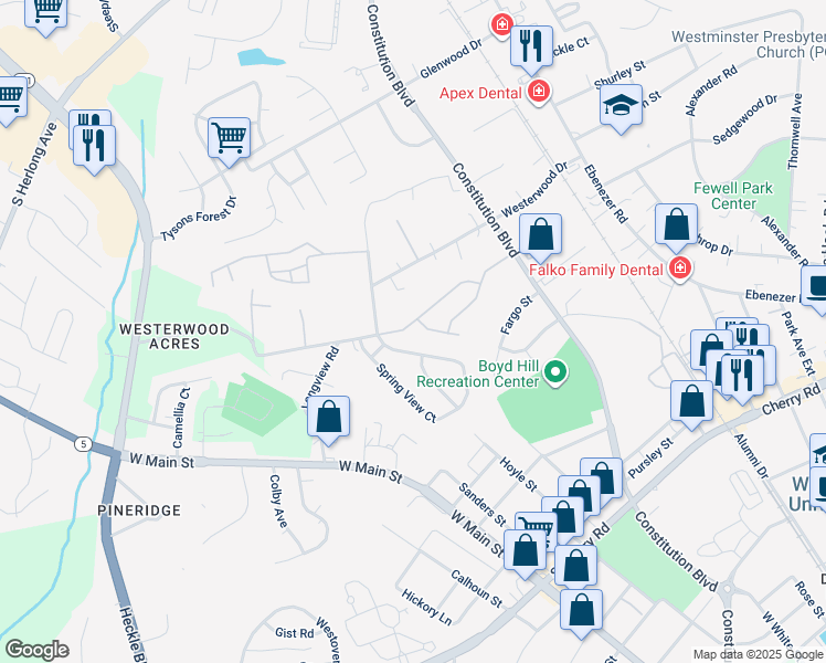 map of restaurants, bars, coffee shops, grocery stores, and more near 1036 Constitution Park Boulevard in Rock Hill