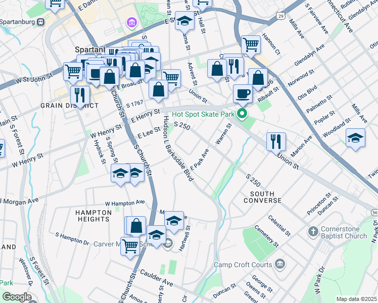 map of restaurants, bars, coffee shops, grocery stores, and more near 332 Brown Avenue in Spartanburg