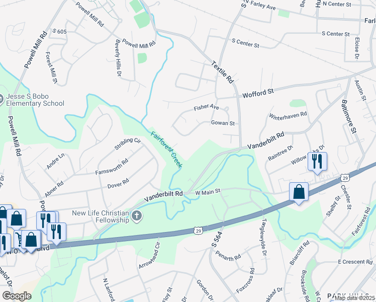map of restaurants, bars, coffee shops, grocery stores, and more near 206 Vanderbilt Road in Spartanburg