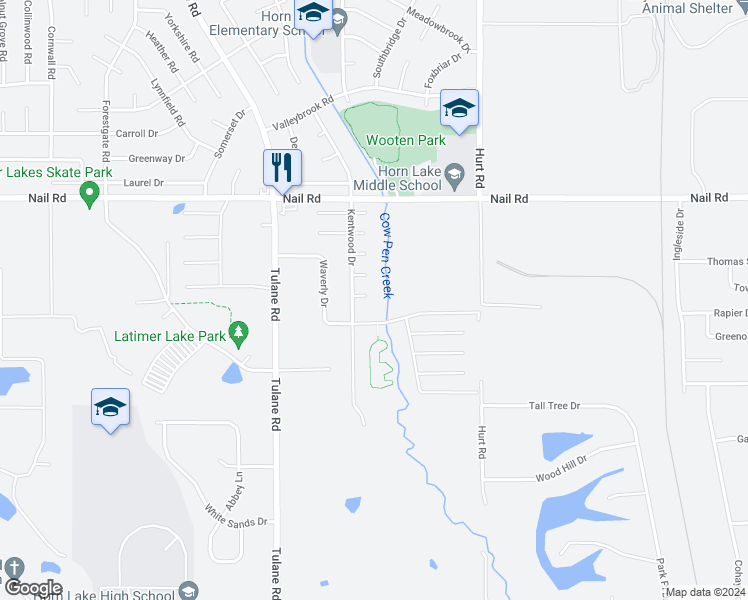 map of restaurants, bars, coffee shops, grocery stores, and more near 2719 Guilford Cove in Horn Lake