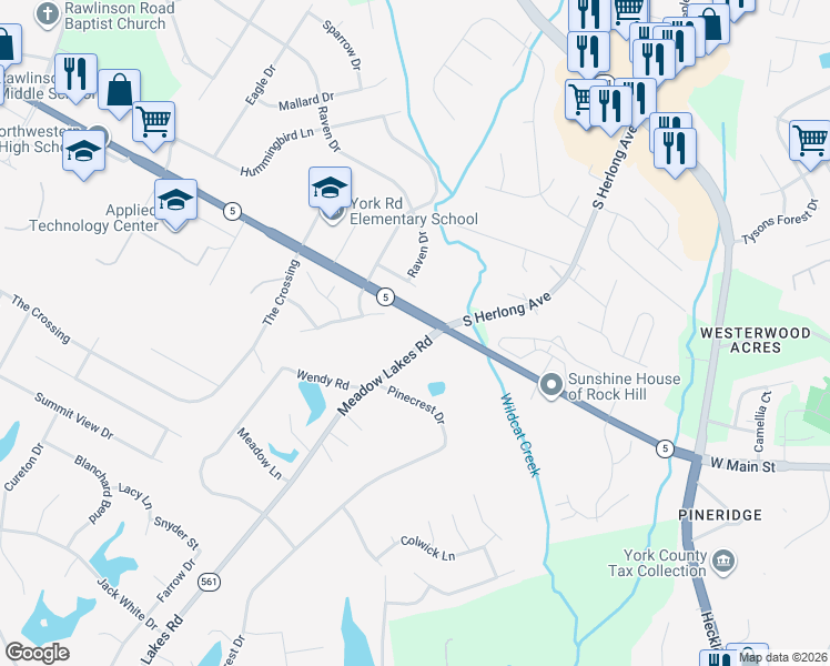 map of restaurants, bars, coffee shops, grocery stores, and more near 923 Meadow Lakes Road in Rock Hill
