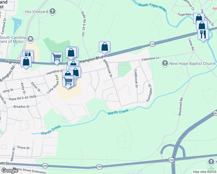 map of restaurants, bars, coffee shops, grocery stores, and more near 760 Pleasant Brook Court in Greer