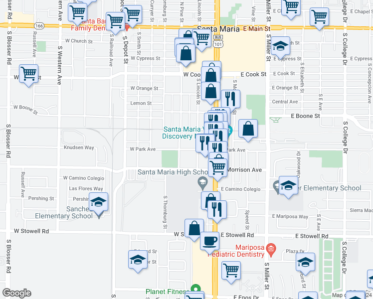 map of restaurants, bars, coffee shops, grocery stores, and more near 220 West Park Avenue in Santa Maria