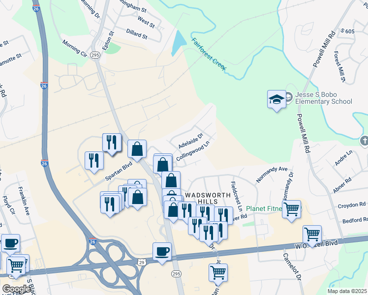 map of restaurants, bars, coffee shops, grocery stores, and more near 101 Graymouth Court in Spartanburg