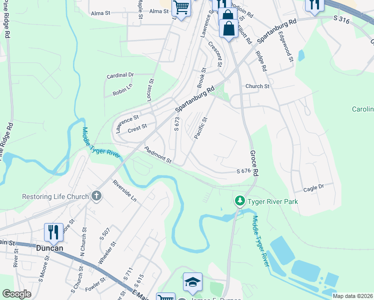 map of restaurants, bars, coffee shops, grocery stores, and more near 3 Pacific Street in Lyman