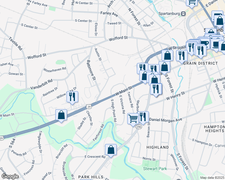 map of restaurants, bars, coffee shops, grocery stores, and more near 183 North Highpoint Road in Spartanburg