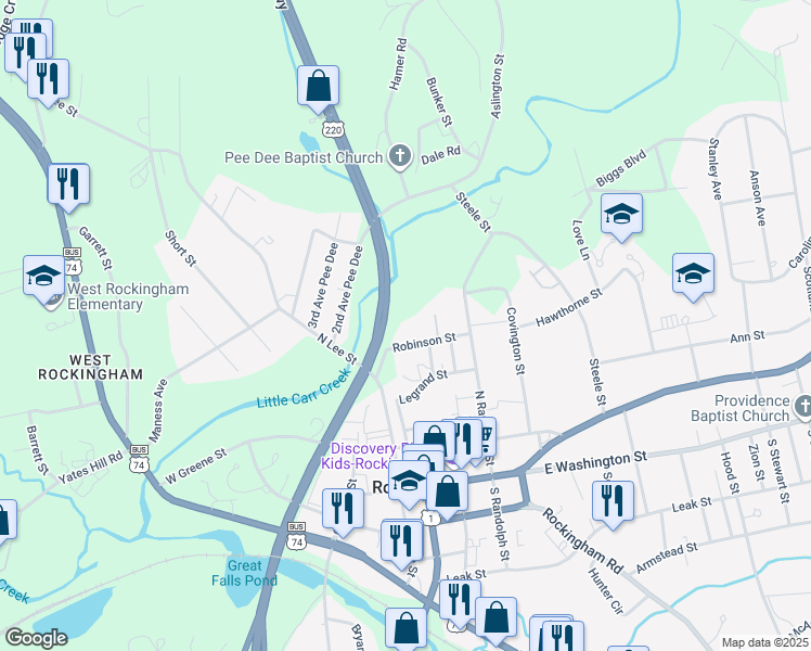 map of restaurants, bars, coffee shops, grocery stores, and more near 209 Robinson Street in Rockingham