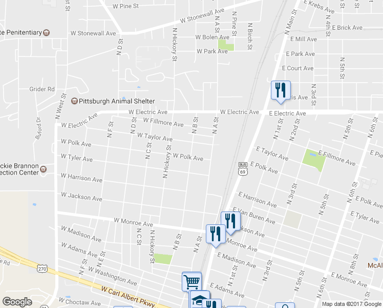 map of restaurants, bars, coffee shops, grocery stores, and more near 1100 North B Street in McAlester