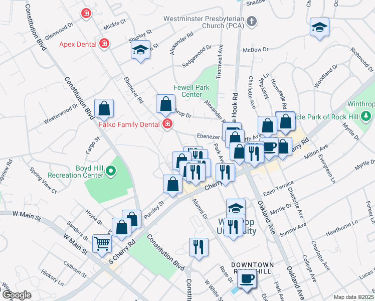 map of restaurants, bars, coffee shops, grocery stores, and more near 204 Fairfield Avenue in Rock Hill