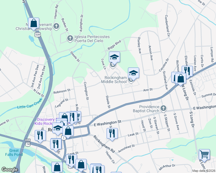 map of restaurants, bars, coffee shops, grocery stores, and more near 408 Steele Street in Rockingham