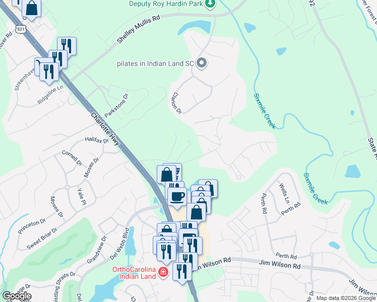 map of restaurants, bars, coffee shops, grocery stores, and more near 184 Laurel Hills Road in Indian Land