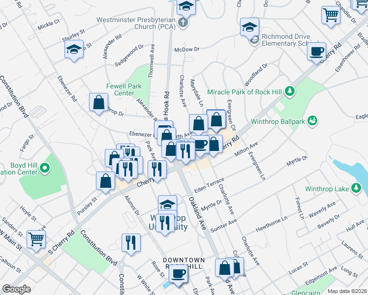 map of restaurants, bars, coffee shops, grocery stores, and more near 529 Cherry Road in Rock Hill