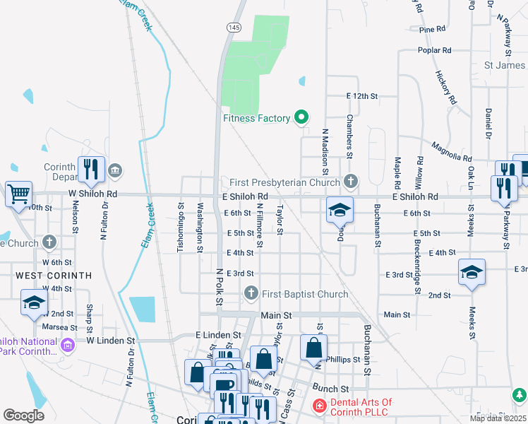 map of restaurants, bars, coffee shops, grocery stores, and more near 1514 North Fillmore Street in Corinth