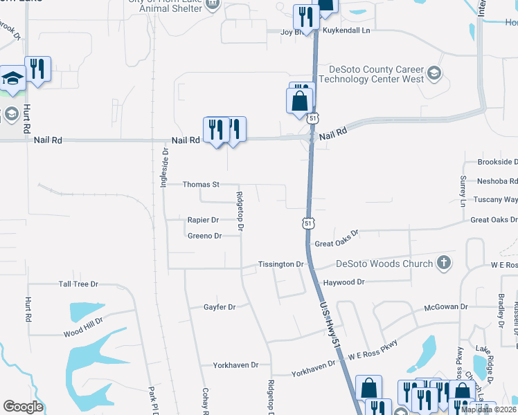 map of restaurants, bars, coffee shops, grocery stores, and more near 5786 Amaray Cove in Horn Lake