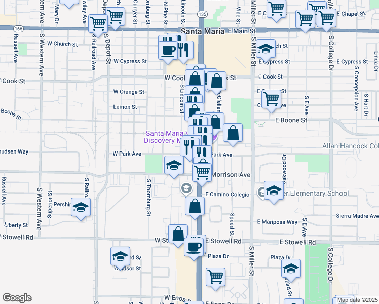 map of restaurants, bars, coffee shops, grocery stores, and more near 801 South Broadway in Santa Maria