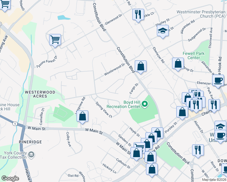 map of restaurants, bars, coffee shops, grocery stores, and more near 1288 Liberty Bell Court in Rock Hill