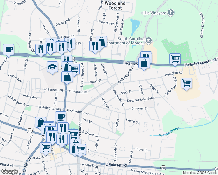 map of restaurants, bars, coffee shops, grocery stores, and more near 310 Arlington Road in Greer