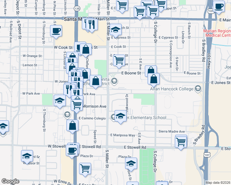 map of restaurants, bars, coffee shops, grocery stores, and more near 437 Chaparral Street in Santa Maria
