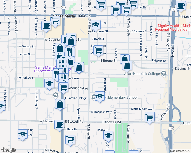 map of restaurants, bars, coffee shops, grocery stores, and more near 437 Chaparral Street in Santa Maria