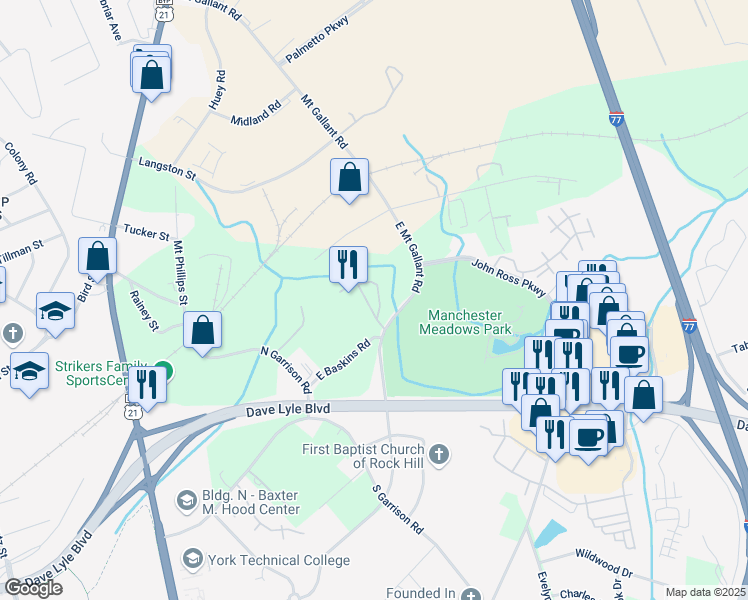 map of restaurants, bars, coffee shops, grocery stores, and more near 405 East Baskins Road in Rock Hill