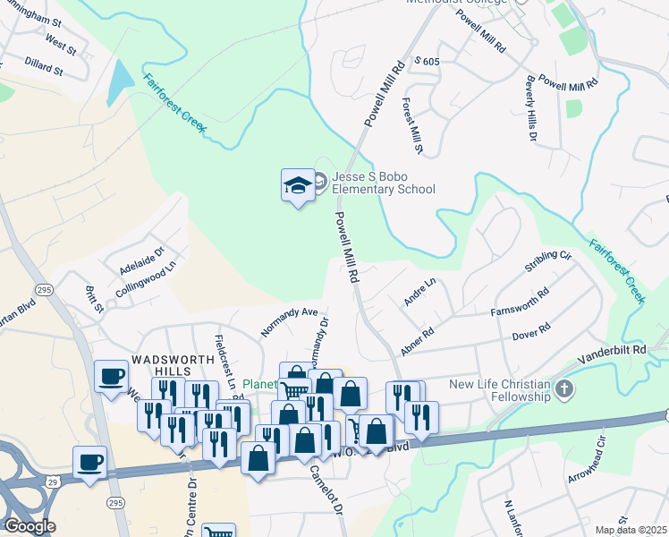 map of restaurants, bars, coffee shops, grocery stores, and more near 305 Powell Mill Road in Spartanburg