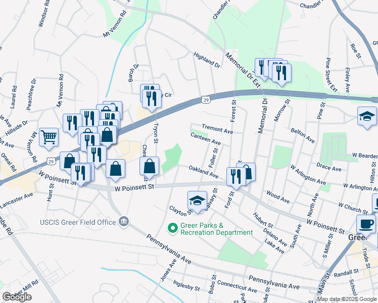 map of restaurants, bars, coffee shops, grocery stores, and more near 220 Oakland Avenue in Greer