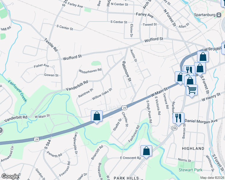 map of restaurants, bars, coffee shops, grocery stores, and more near 309 Willow Oaks Drive in Spartanburg