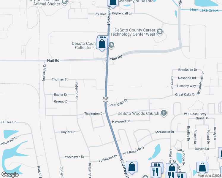map of restaurants, bars, coffee shops, grocery stores, and more near 1411 Audubon Point Drive in Horn Lake