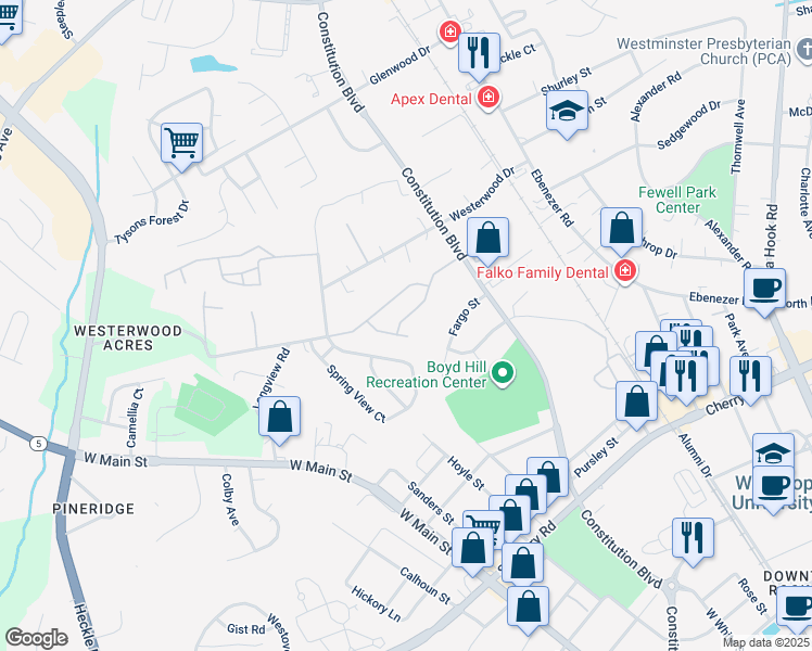 map of restaurants, bars, coffee shops, grocery stores, and more near 1288 Liberty Bell Court in Rock Hill