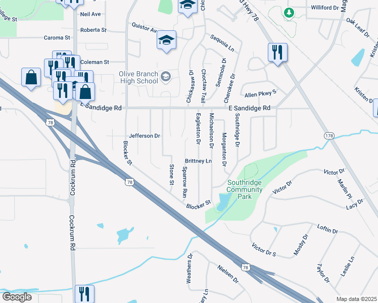 map of restaurants, bars, coffee shops, grocery stores, and more near 5742 Stone Street in Olive Branch