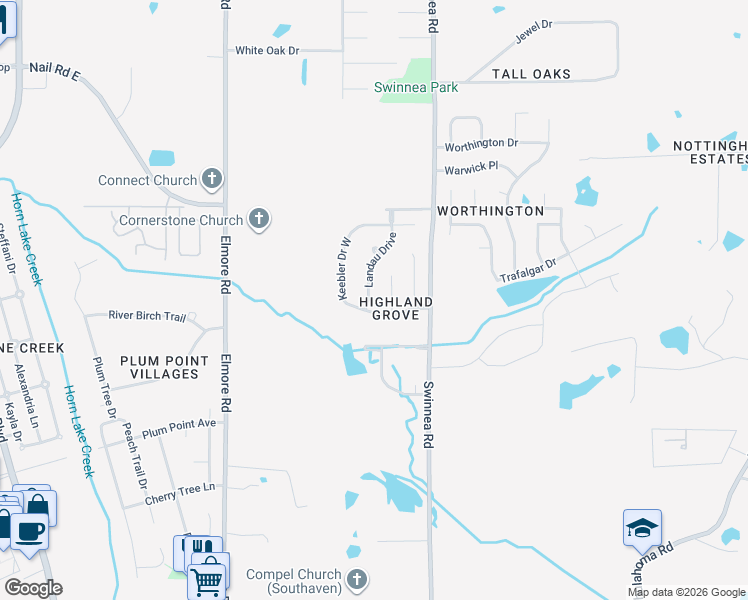 map of restaurants, bars, coffee shops, grocery stores, and more near 5825 Landau Drive in Southaven
