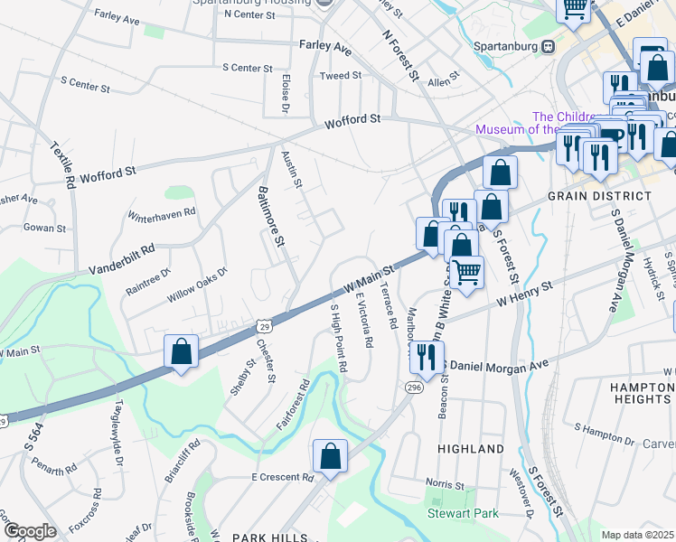 map of restaurants, bars, coffee shops, grocery stores, and more near 181 North Highpoint Road in Spartanburg