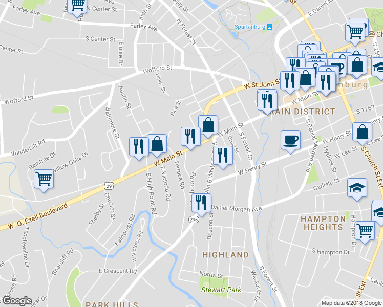 map of restaurants, bars, coffee shops, grocery stores, and more near 505 West Main Street in Spartanburg