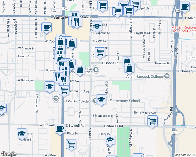 map of restaurants, bars, coffee shops, grocery stores, and more near 427 East Park Avenue in Santa Maria