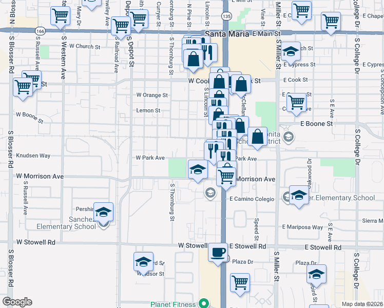 map of restaurants, bars, coffee shops, grocery stores, and more near 709 South Lincoln Street in Santa Maria