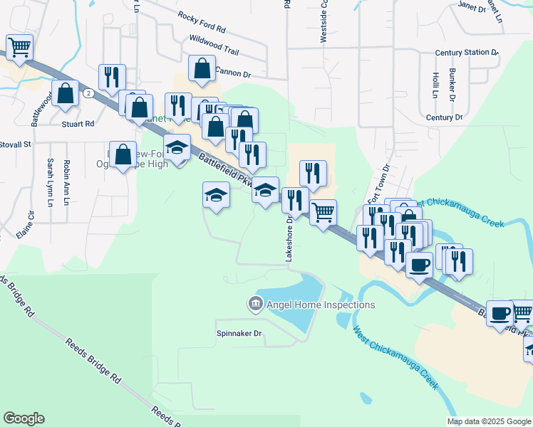 map of restaurants, bars, coffee shops, grocery stores, and more near 2206 Battlefield Parkway in Fort Oglethorpe