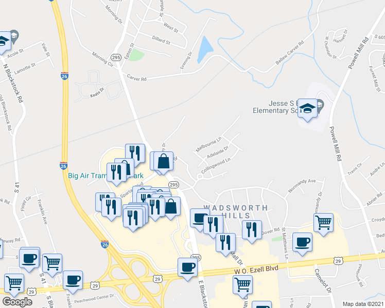 map of restaurants, bars, coffee shops, grocery stores, and more near 107 Brisbane Way in Spartanburg