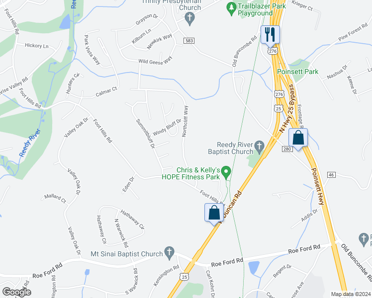 map of restaurants, bars, coffee shops, grocery stores, and more near 116 Northcliff Way in Greenville