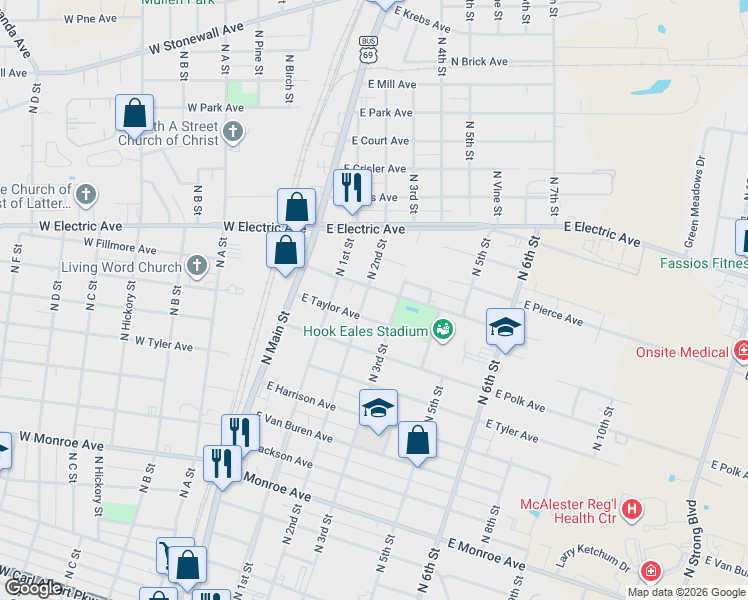 map of restaurants, bars, coffee shops, grocery stores, and more near 209 East Fillmore Avenue in McAlester