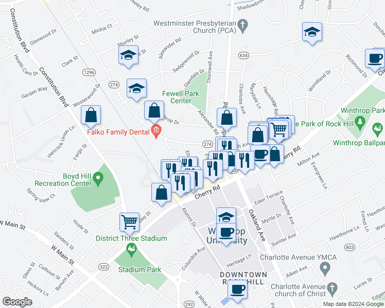map of restaurants, bars, coffee shops, grocery stores, and more near 1110 Ebenezer Avenue Extension in Rock Hill
