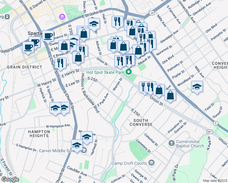 map of restaurants, bars, coffee shops, grocery stores, and more near 311 East Park Avenue in Spartanburg