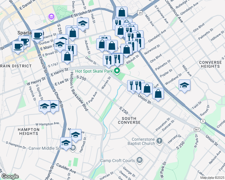 map of restaurants, bars, coffee shops, grocery stores, and more near 409 East Hampton Avenue in Spartanburg