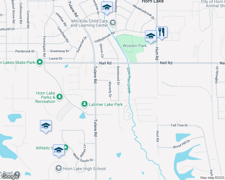 map of restaurants, bars, coffee shops, grocery stores, and more near 5910 Waverly Drive in Horn Lake