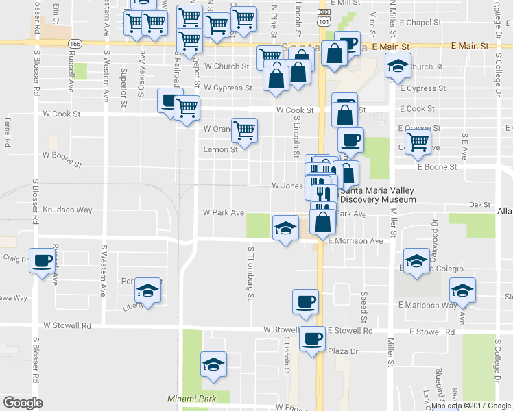 map of restaurants, bars, coffee shops, grocery stores, and more near 711 South Pine Street in Santa Maria