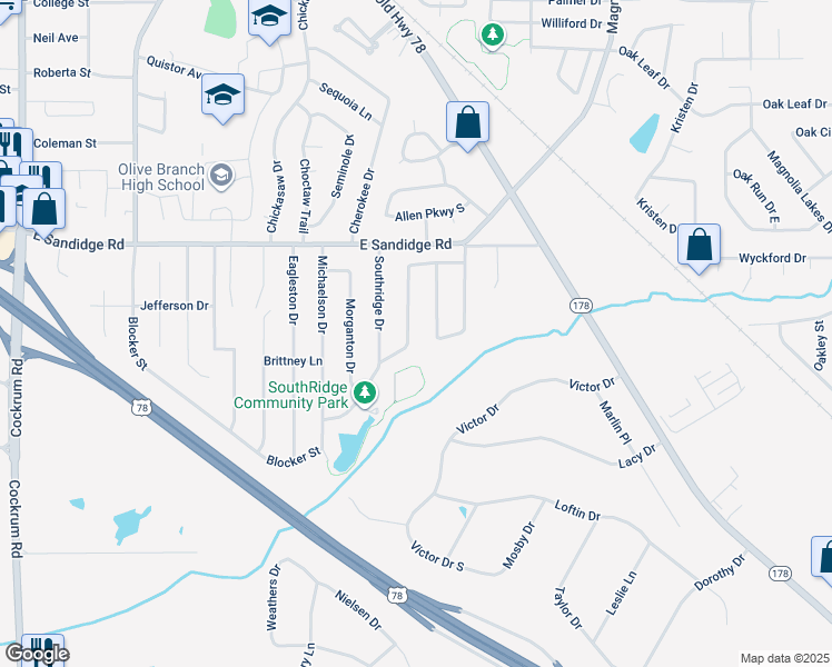 map of restaurants, bars, coffee shops, grocery stores, and more near 5856 Southbend Lane in Olive Branch