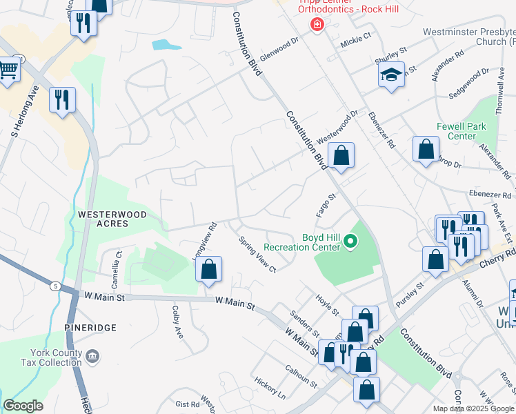 map of restaurants, bars, coffee shops, grocery stores, and more near 1045 Constitution Park Boulevard in Rock Hill