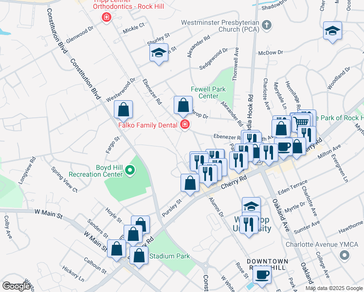 map of restaurants, bars, coffee shops, grocery stores, and more near 127 Murrah Drive in Rock Hill