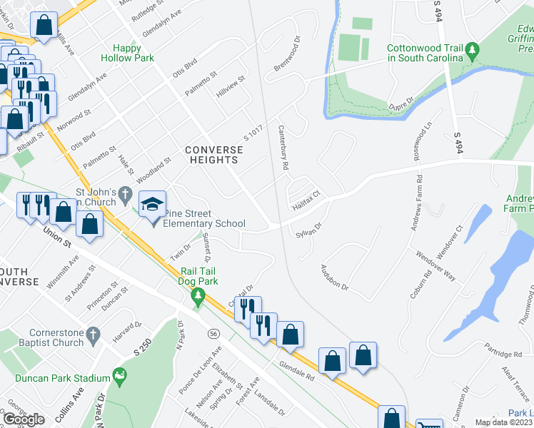 map of restaurants, bars, coffee shops, grocery stores, and more near 723 Connecticut Avenue in Spartanburg
