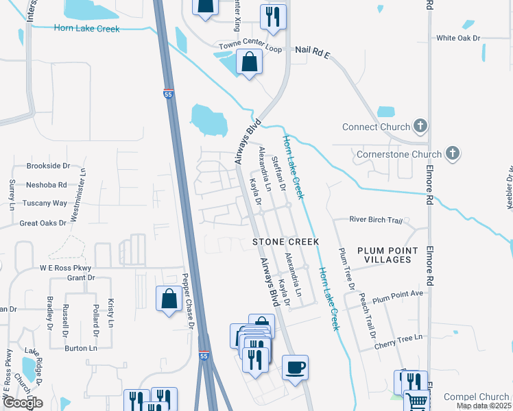 map of restaurants, bars, coffee shops, grocery stores, and more near 5783 Kayla Drive in Southaven